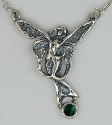 Sterling Silver Victorian Winged Fairy Necklace With Malachite Sterling Silver Victorian Winged Fairy Necklace With Malachite